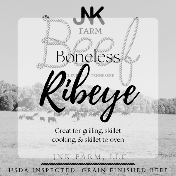 JNK Farm raised beef- Boneless Ribeye.  Great for grilling, skillet cooking, and skillet to oven.  All are one per pack unless specified as 2 pack in drop down menu.